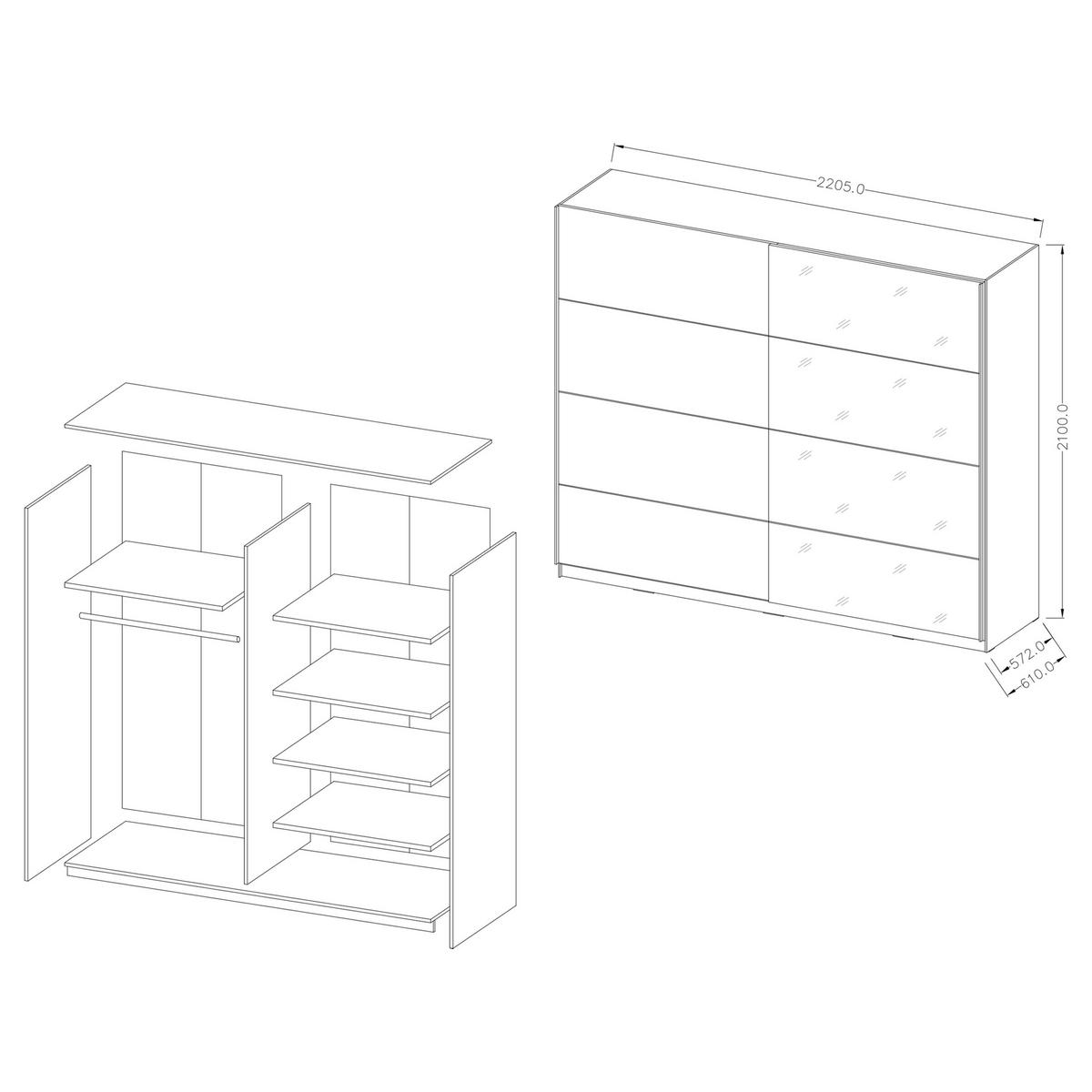 SCHWEBETÜRENSCHRANK BETTINA 221/210/61 cm 2-türig mit Spiegel Schwarz - Schwarz, Holzwerkstoff (221/210/61cm) - MASSENO