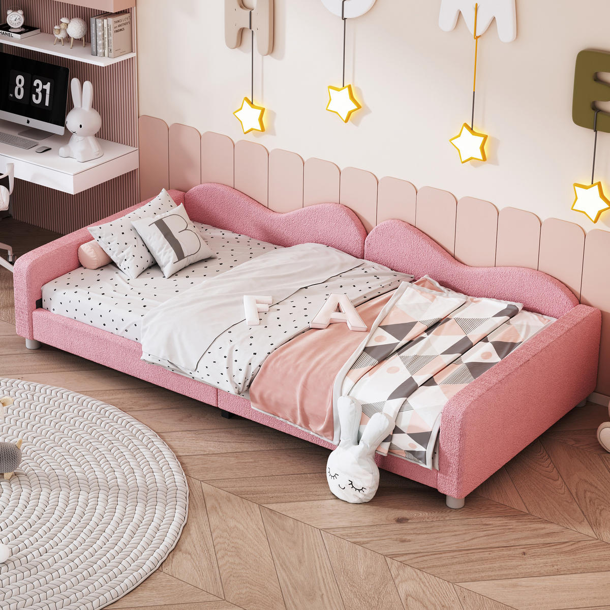 KINDERBETT 90/200 cm rosa aus Teddystoff mit Rückenlehne und Armlehnen - Rosa, Textil (90/200cm) - OKWISH