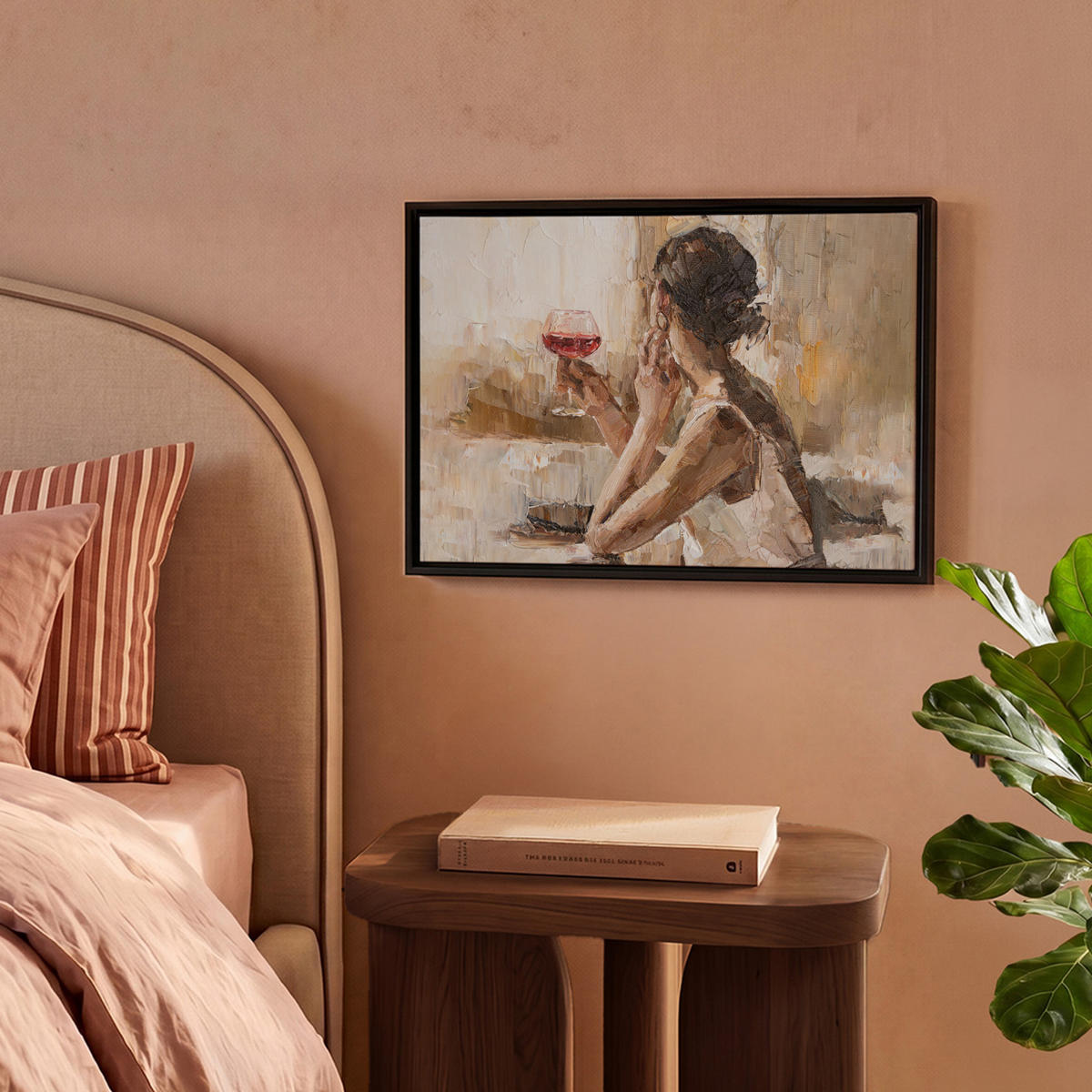 LEINWAND Bilder mit Rahmen - Ölgemälde - Frau - Wein - 40x30 - Hellbraun, Textil (40/30cm) - MuchoWow