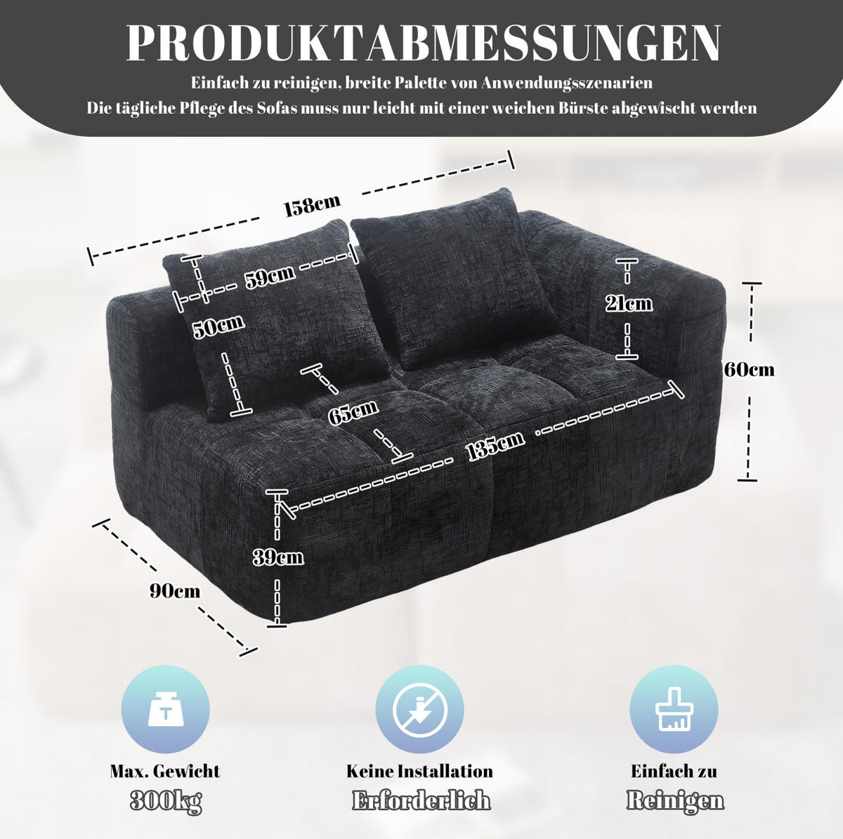SOFA od chenillea, 158/90/60 cm crna, s bočnim džepovima i jastukom - crna, tekstil (60/160/90cm) - BEAOK