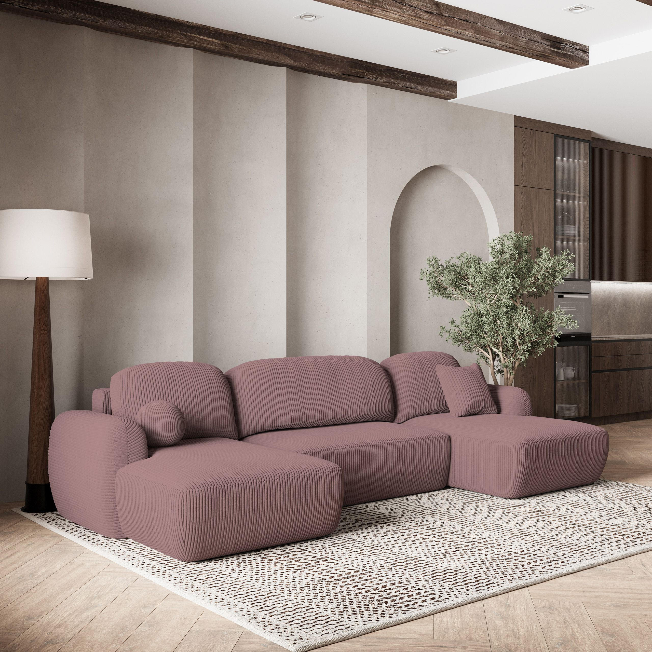 WOHNLANDSCHAFT SAVONA P Lila Kordstoff mit Schlaffunktion - Lila, Holz (350/90/148cm) - MASSENO