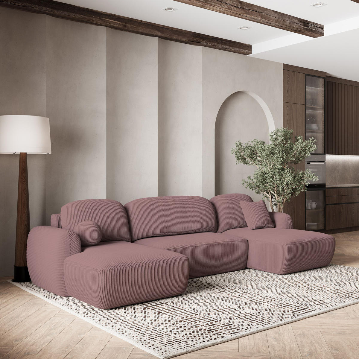 WOHNLANDSCHAFT SAVONA P Lila Kordstoff mit Schlaffunktion - Lila, Holz (350/90/148cm) - MASSENO