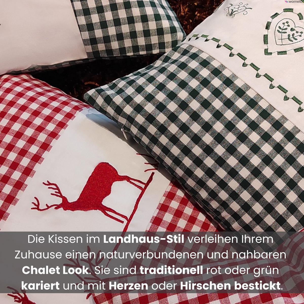 DEKOKISSEN Hirsch grün 40/40 cm Landhaus-Stil mit Reißverschluss inkl. 100% Federkissen - Grün, Textil (40/40cm) - wometo