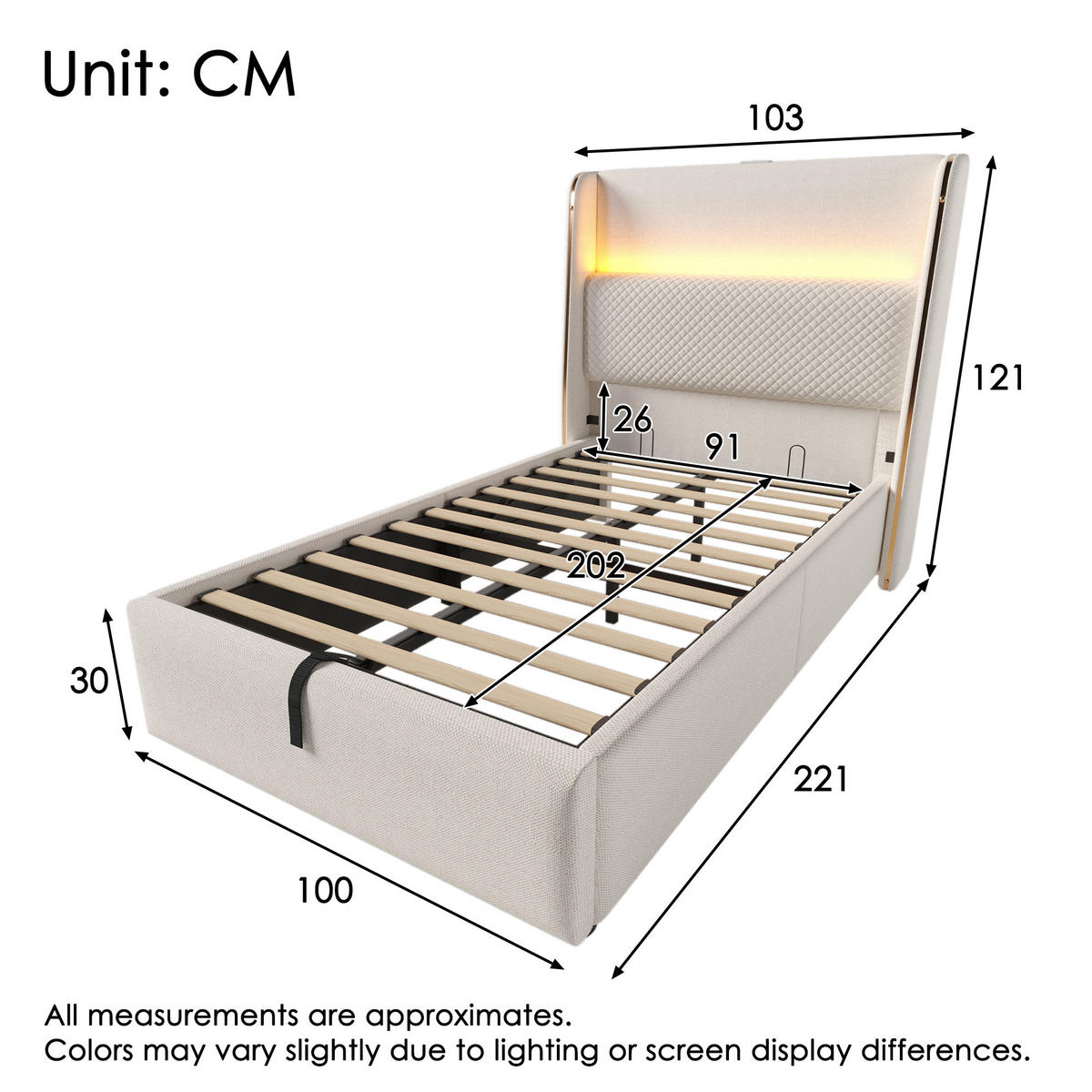 BETT Hydraulisches 90/200 cm Beige mit LED-Beleuchtung und Stauraum - Beige, Textil (90/200cm) - OKWISH