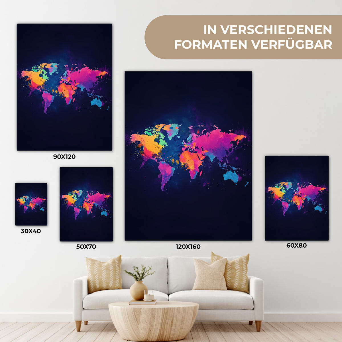 LEINWANDBILD Weltkarte - Bunt - Graffiti 60x80 cm - Multicolor, Textil (60/80cm) - MuchoWow
