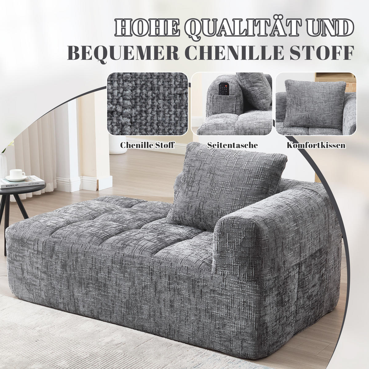 CHAISELONGUE Sofa Chenille mit Seitentaschen und Kissen 158/90/60 cm Grau - Grau, Textil (60/158/90cm) - Redom