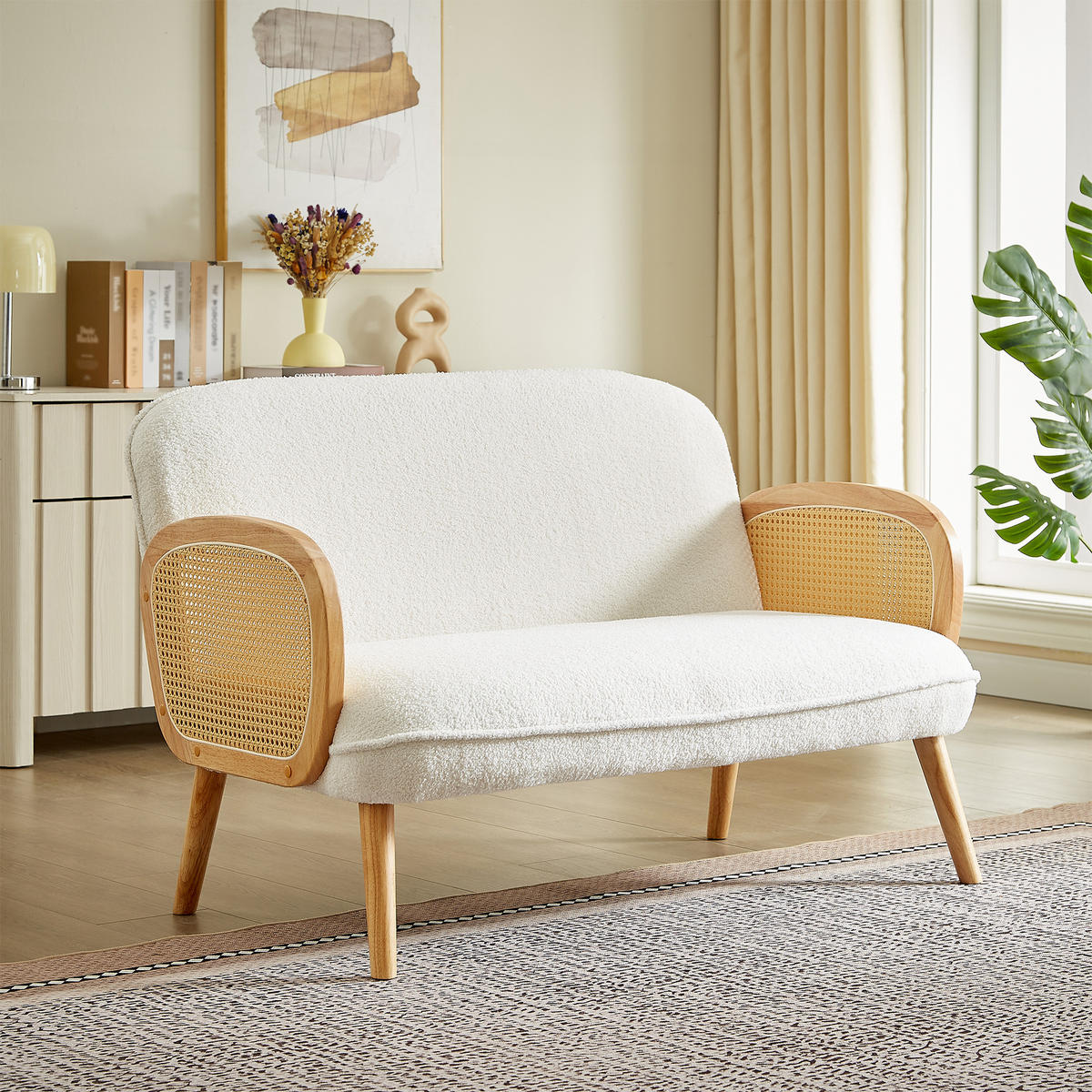 2-SITZER-SOFA Rosi Böhmisches in Cannage und weißem Frottee - Weiß/Akaziefarben, Holz/Holzwerkstoff (125/83/79cm) - Sicaan