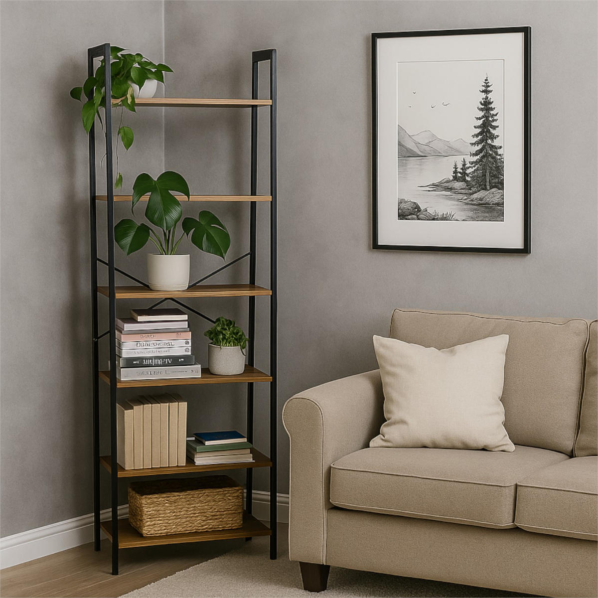 STANDREGAL Holzoptik Metall Erlefarben Schwarz 5 Ablagen 172×56×34 cm - Erlefarben/Schwarz, Holzwerkstoff/Metall (56/172/34cm) - Begryf