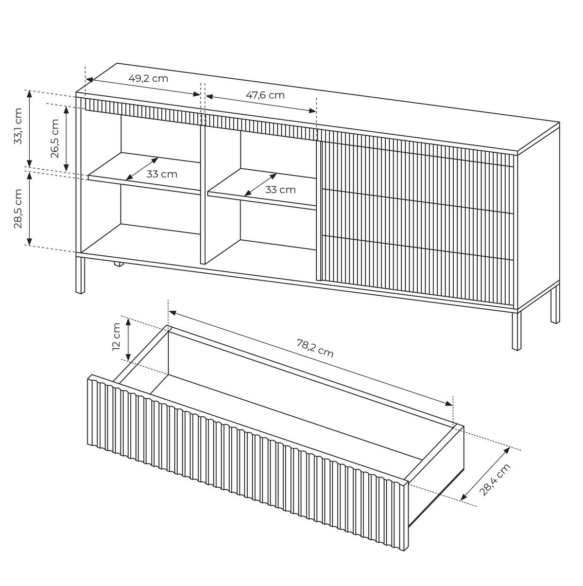 SIDEBOARD Trentinis 2T 3S Beige 187,1/41,4/39,5 cm – Geriffelten Fronten - Beige, Holzwerkstoff/Metall (187.1/41.4/39.5cm) - AX Living