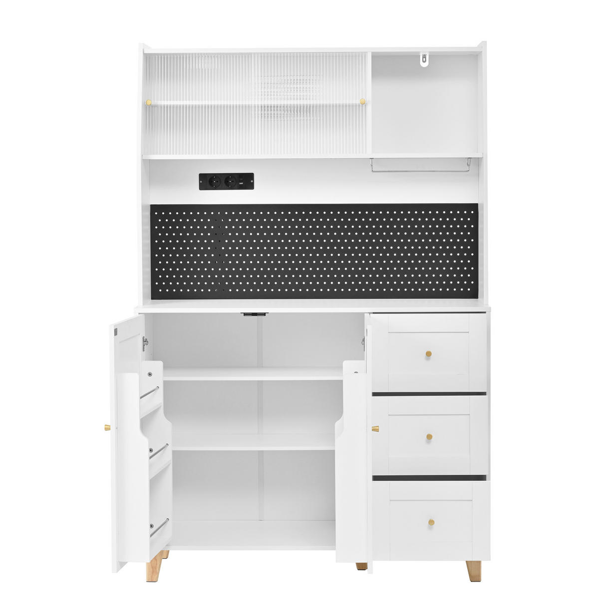 BUFFETSCHRANK 120/40/184 cm mit Steckdosen, USB-C, Lochplatte, Glashalter und 3 Schubladen, Weiß - Weiß, Holzwerkstoff (120/184/40cm) - Redom