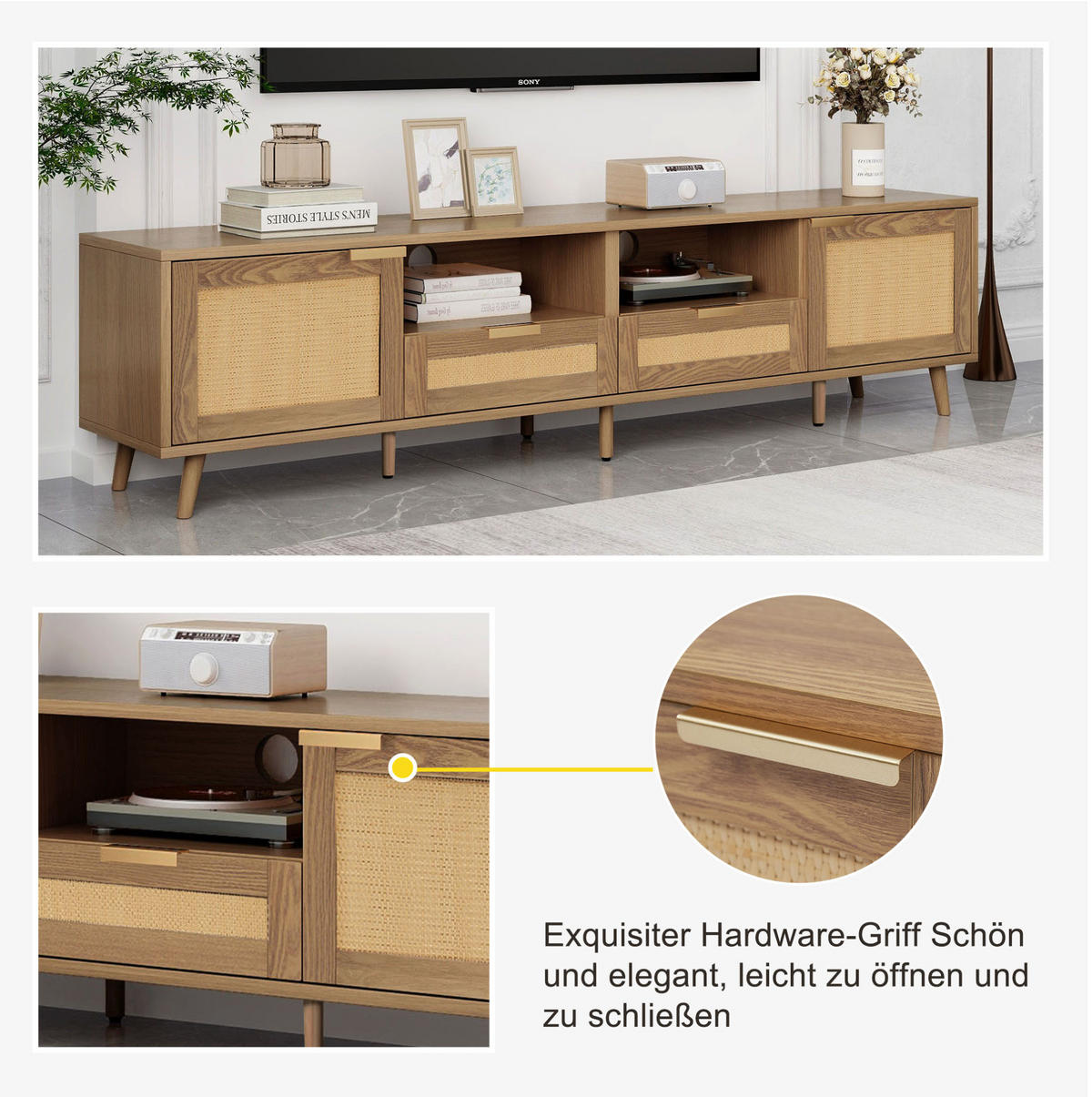TV-SCHRANK aus Holzwerkstoff 200x37x49 cm Eiche mit 2 Türen, 2 Schubladen, Rattandesign und verstellbaren Füßen - Braun, Holzwerkstoff (200/49/37cm) - Modfu