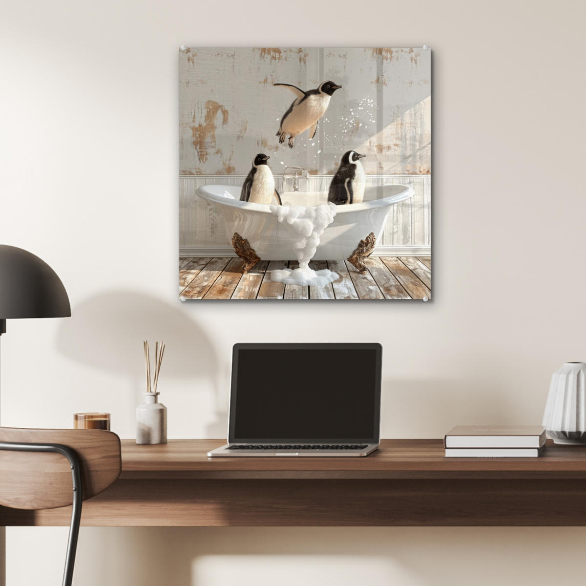 ACRYLGLASBILD Vintage - Pinguin - Badewanne - Schaumstoff 50x50 cm - Schwarz, Glas (50/50cm) - MuchoWow