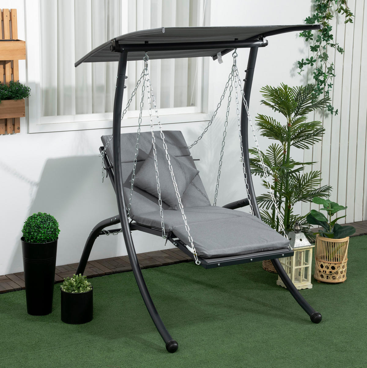 HOLLYWOODSCHAUKEL aus Stahl 108x145x169 cm in Dunkelgrau mit verstellbarem Sonnendach - Dunkelgrau, Metall (145/169/108cm) - Modfu
