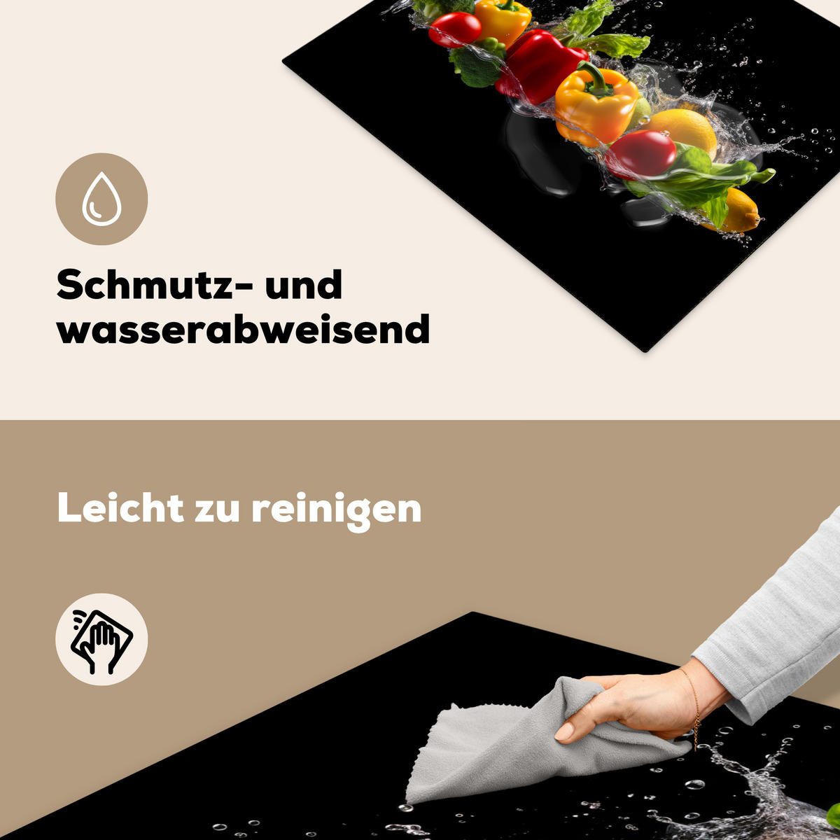 HERDABDECKPLATTE Paprika - Wasser - Gemüse - Schwarz Herdabdeckung Induktionsfeld 65x52 cm - Multicolor, Kunststoff (65/52/0.2cm) - MuchoWow