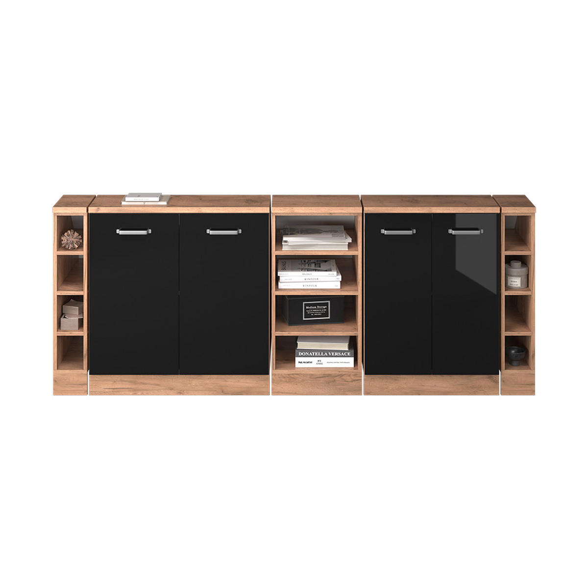 KUHINJSKI ORMAR ZA KOSINE KROVA R-Line Sjajna Crna 210 cm Set od 5 ormarićnih korpusa, dubina 60 cm - hrast medunac/crna visoki sjaj, drvni materijal (210/83.8/60cm) - Vicco