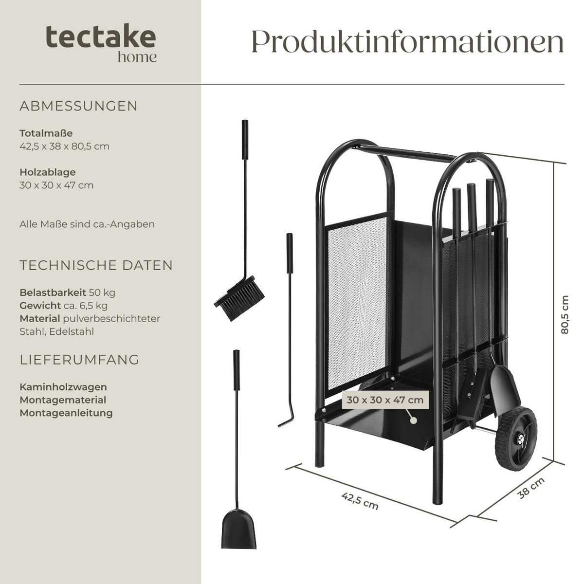 HOLZWAGEN ,42,5 x 38 x 80,5 cm,schwarz - Schwarz, Metall (38/80.5/42.5cm) - tectake