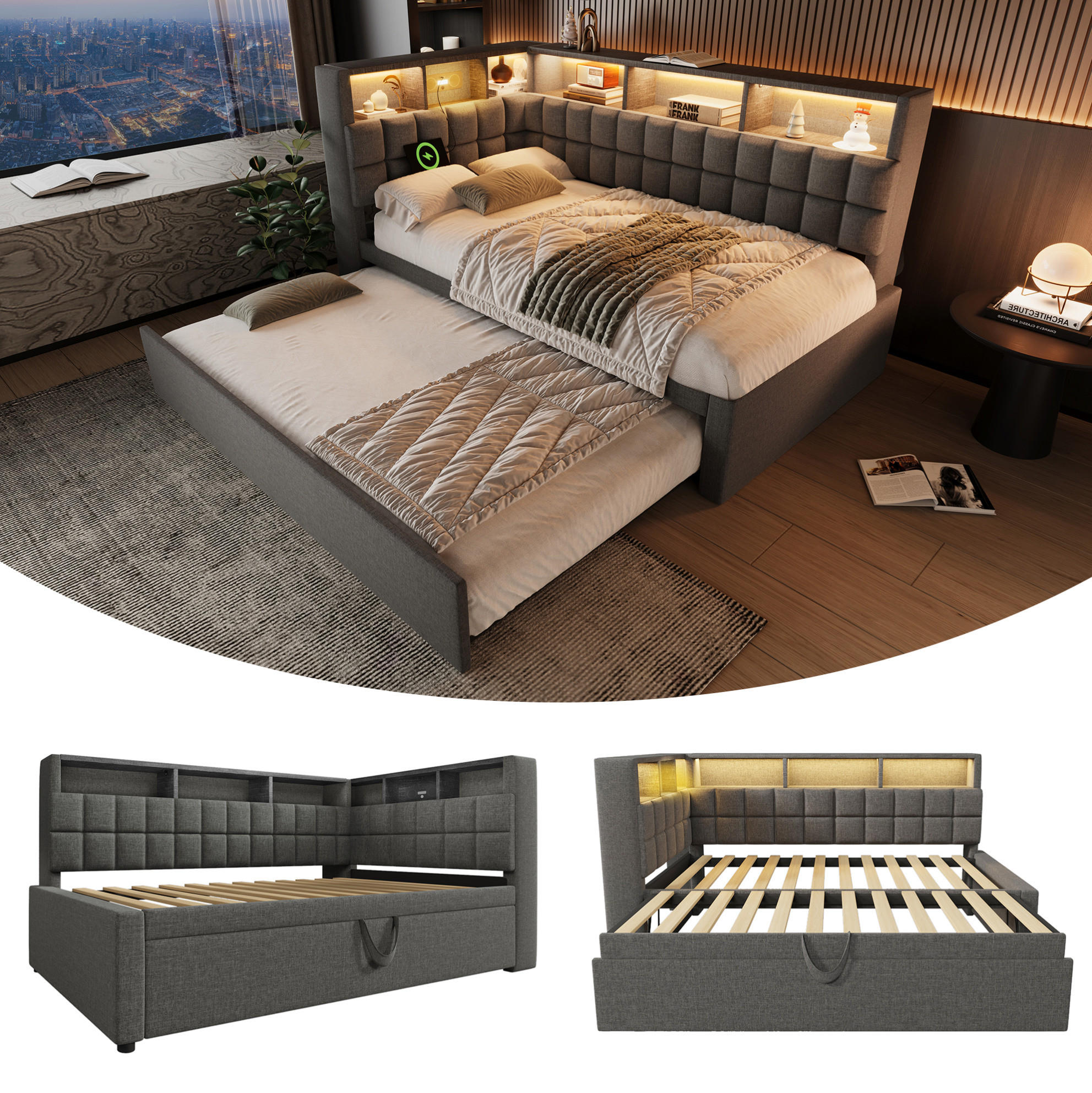 Modfu ČALOUNĚNÁ postel ze lnu 90x200 cm šedá s výsuvným lůžkem, LED, Bluetooth reproduktory, USB a USB-C