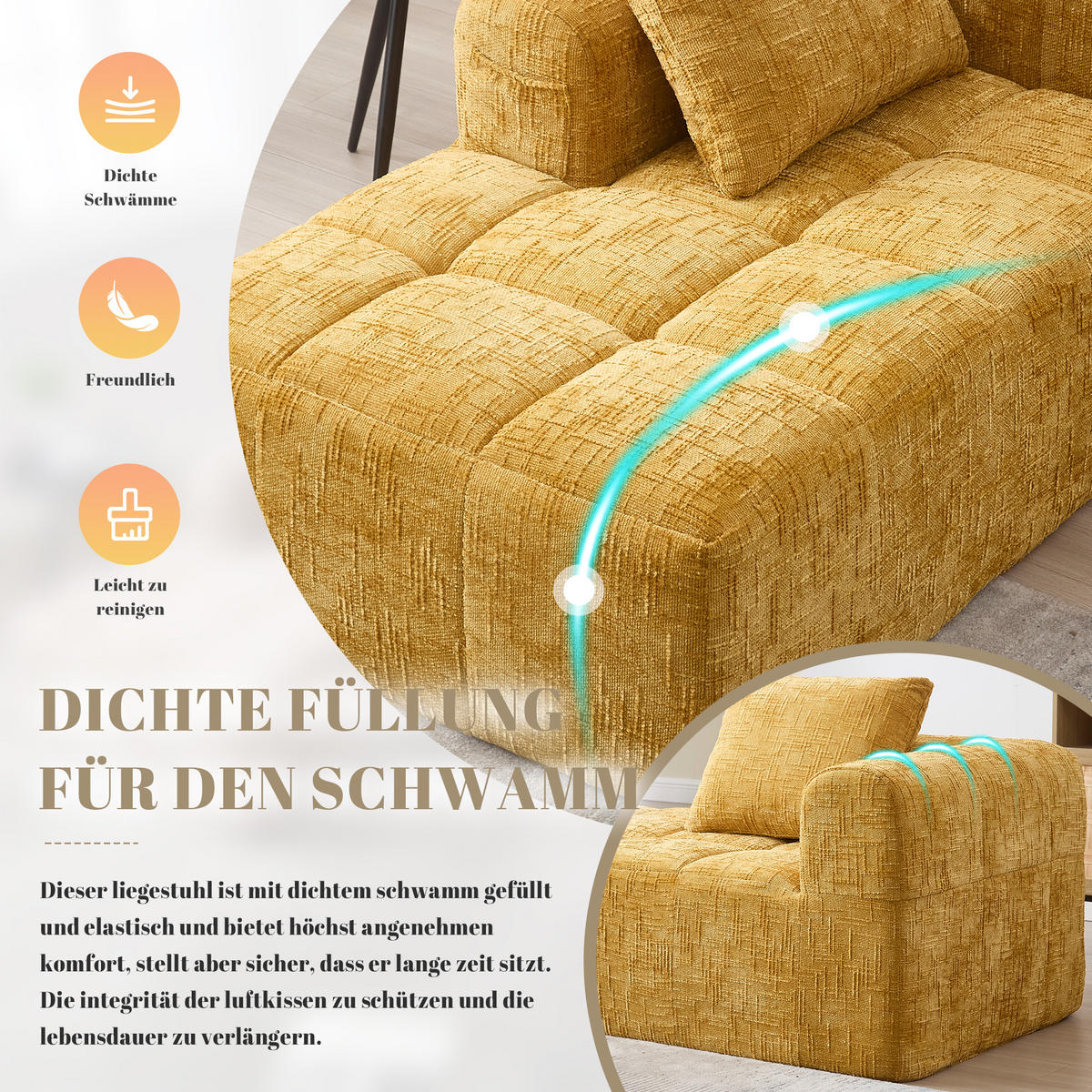 CHAISELONGUE Sofa Chenille mit Seitentaschen und Kissen 158/90/60 cm Gelb - Gelb, Textil (60/158/90cm) - Redom
