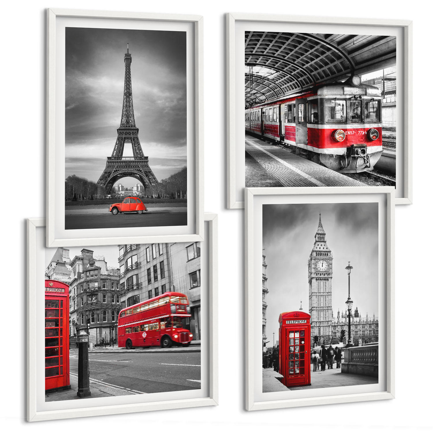 BILDER SET 4er Set - 50x50 cm & 40x60 cm Weißer Rahmen - Rote Busse in der Stadt - Weiß, Kunststoff (50/50cm) - TULUP