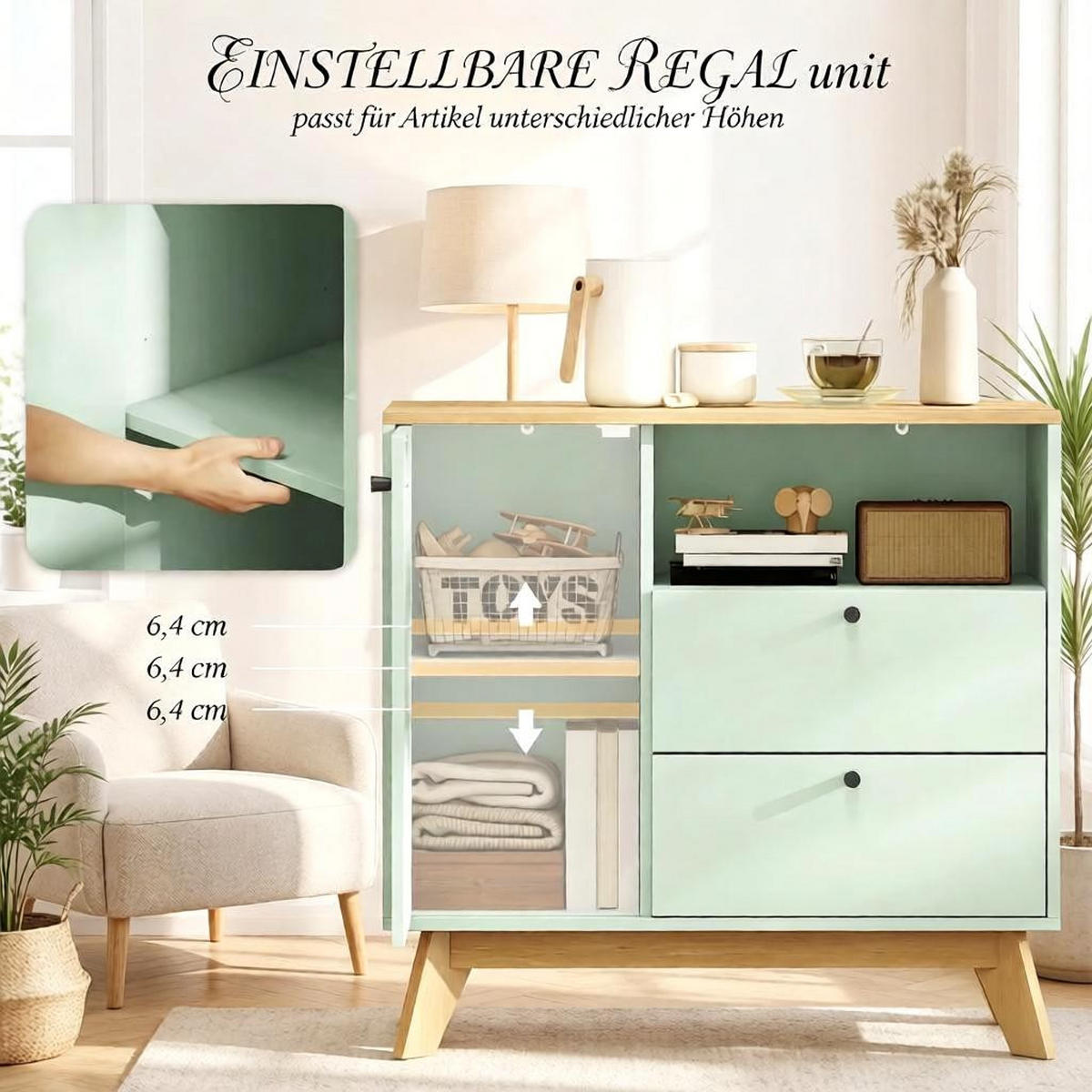 BUFFET DE-38816 80/35/76,3 cm mit 2 Schubladen und offenes Fach Hellgrün - Hellgrün, Holzwerkstoff (80/76.3/35cm) - ComfortXL