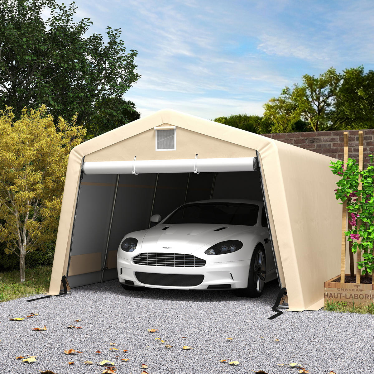 CARPORT DE-12646 620/330/240 cm 150 g/m² wasserdicht mit Rolltür Grau - Mokka, Kunststoff (330/240/618cm) - ComfortXL