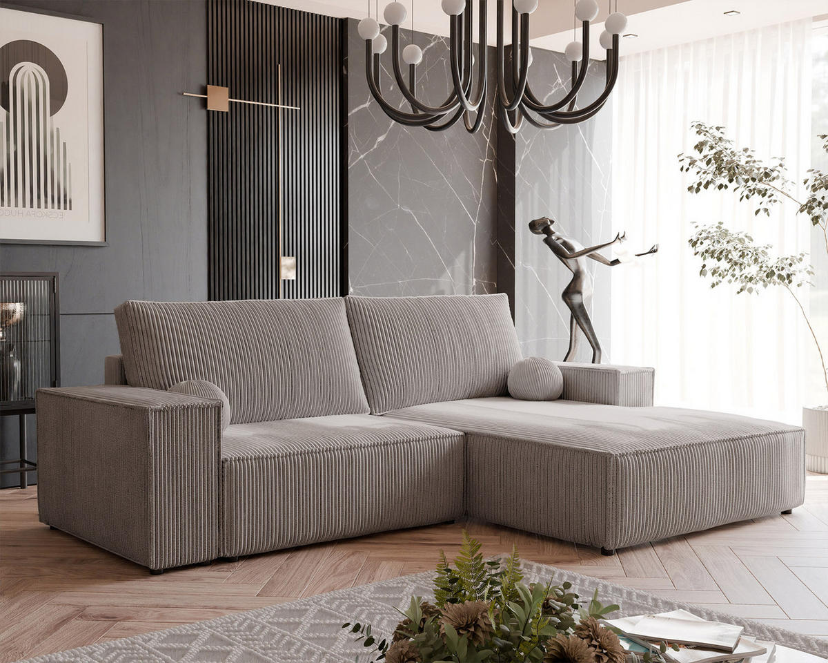 ECKSOFA HUGO Rechts, mit Schlaffunktion und Bettkasten, Beige - Beige, Textil (255/148cm) - Idohome