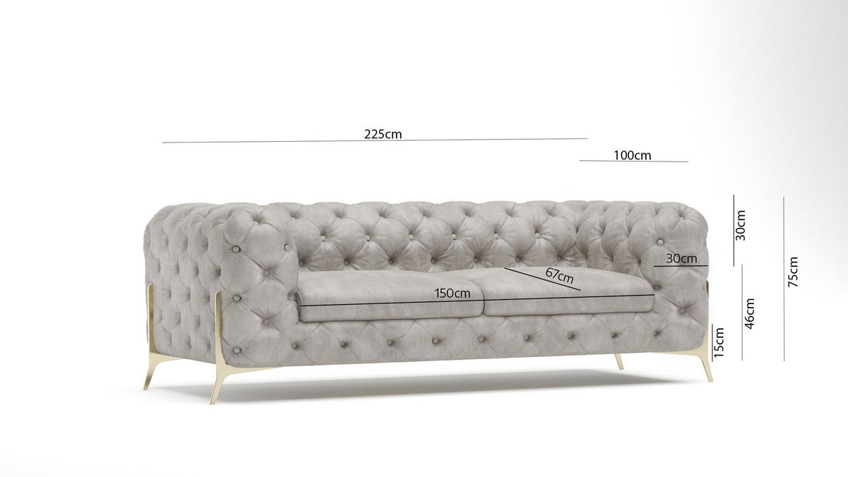 SITZGARNITUR 3+2+1 Chesterfield Vertex Grau Samt - Goldfarben/Grau, Holz/Textil (225/75/100cm) - S-Style Möbel