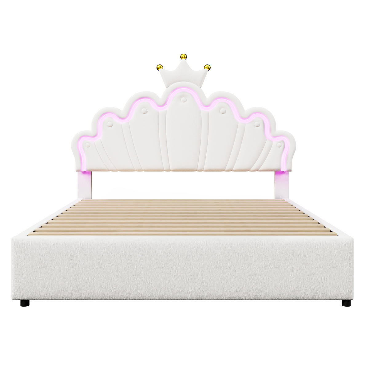 KINDERBETT 140/200 cm in Weiß mit LED-Licht, 2 Schubladen und verstellbarem Kopfteil - Weiß, Leder (140/200cm) - BEAOK