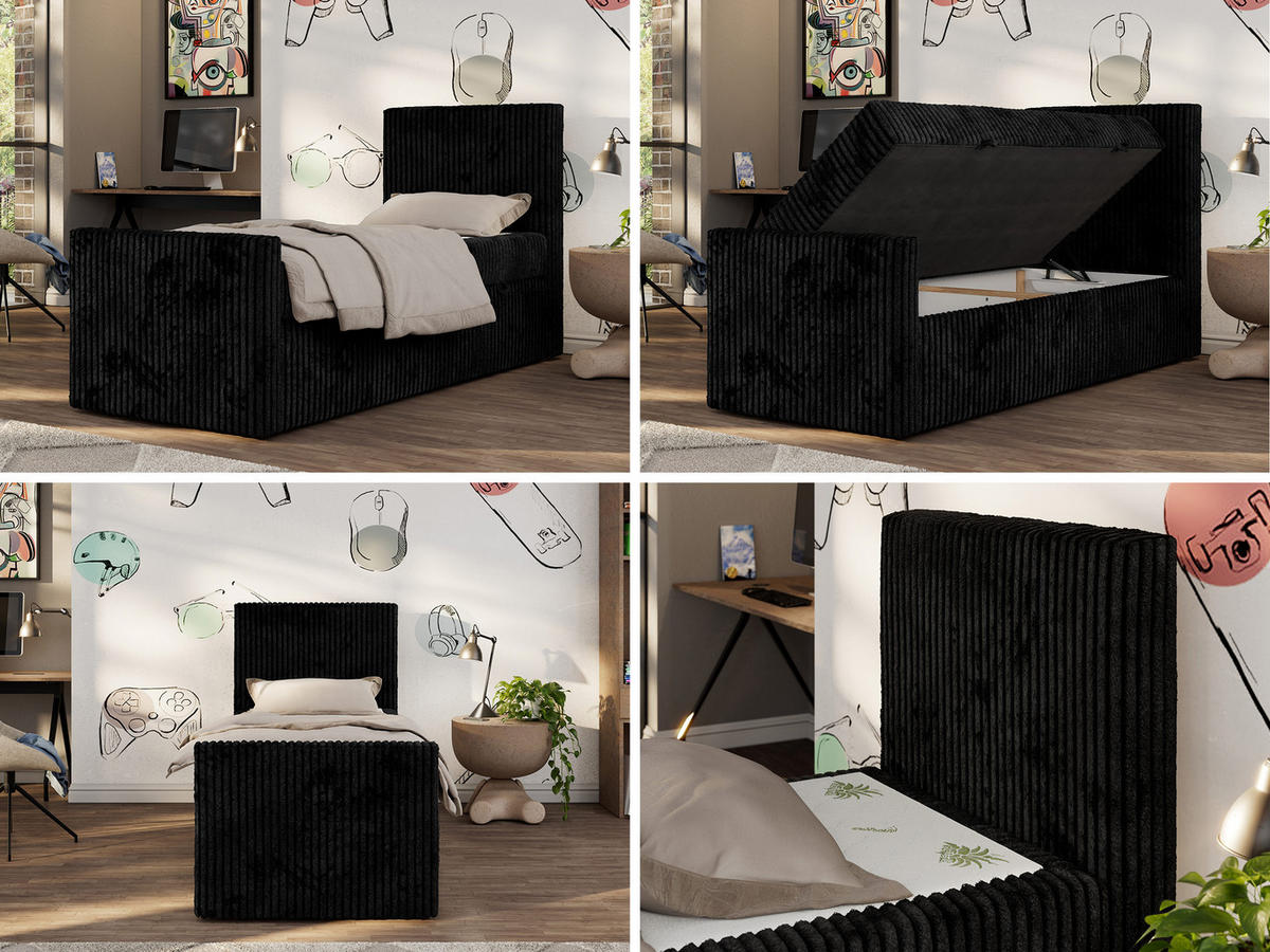 JUGENDBETT TILIO DUO 90/200 - Schwarz Cord - H4 - Rechts Seite - Schwarz, Textil (90/200cm) - MKS