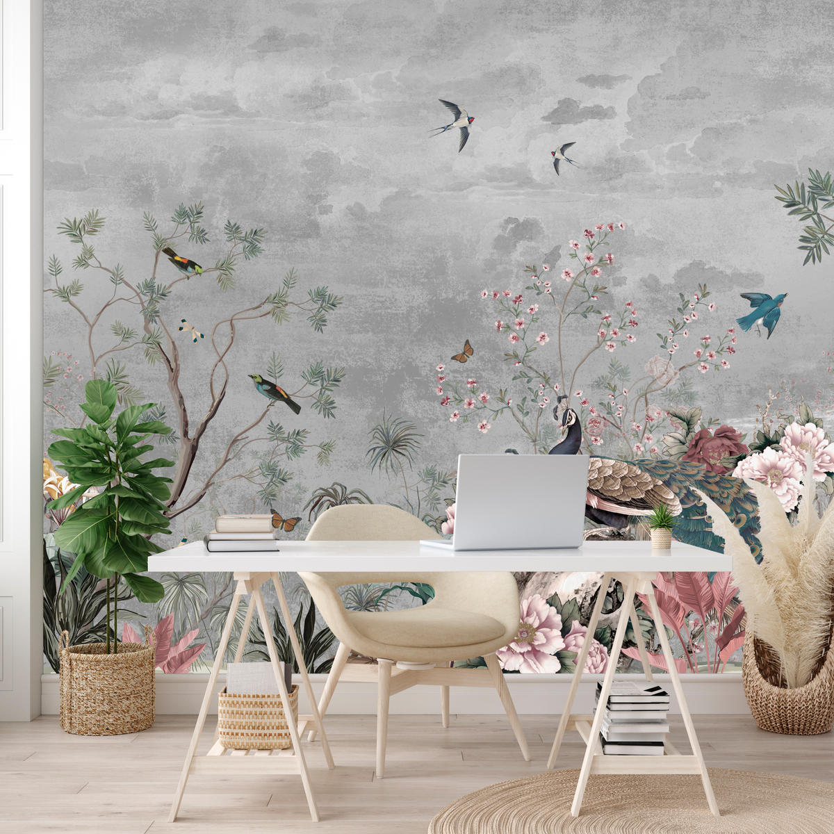 FOTOTAPETE für Büro Pfauen Vögel Pflanzen Bäume Tropische Blumen 400x280 - Multicolor, Papier (400/280cm) - Muralo