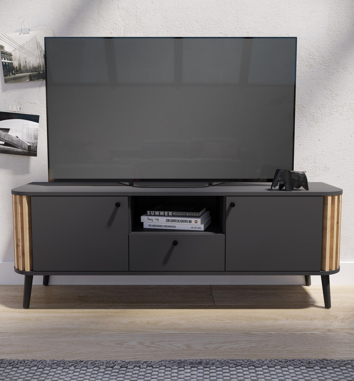 TV-LOWBOARD grau, Eiche Artisan 138 cm, Fernsehtisch mit 3D-Lamellen - Dunkelgrau/Schwarz, Holzwerkstoff/Metall (138/50/40cm) - Inn.Furn