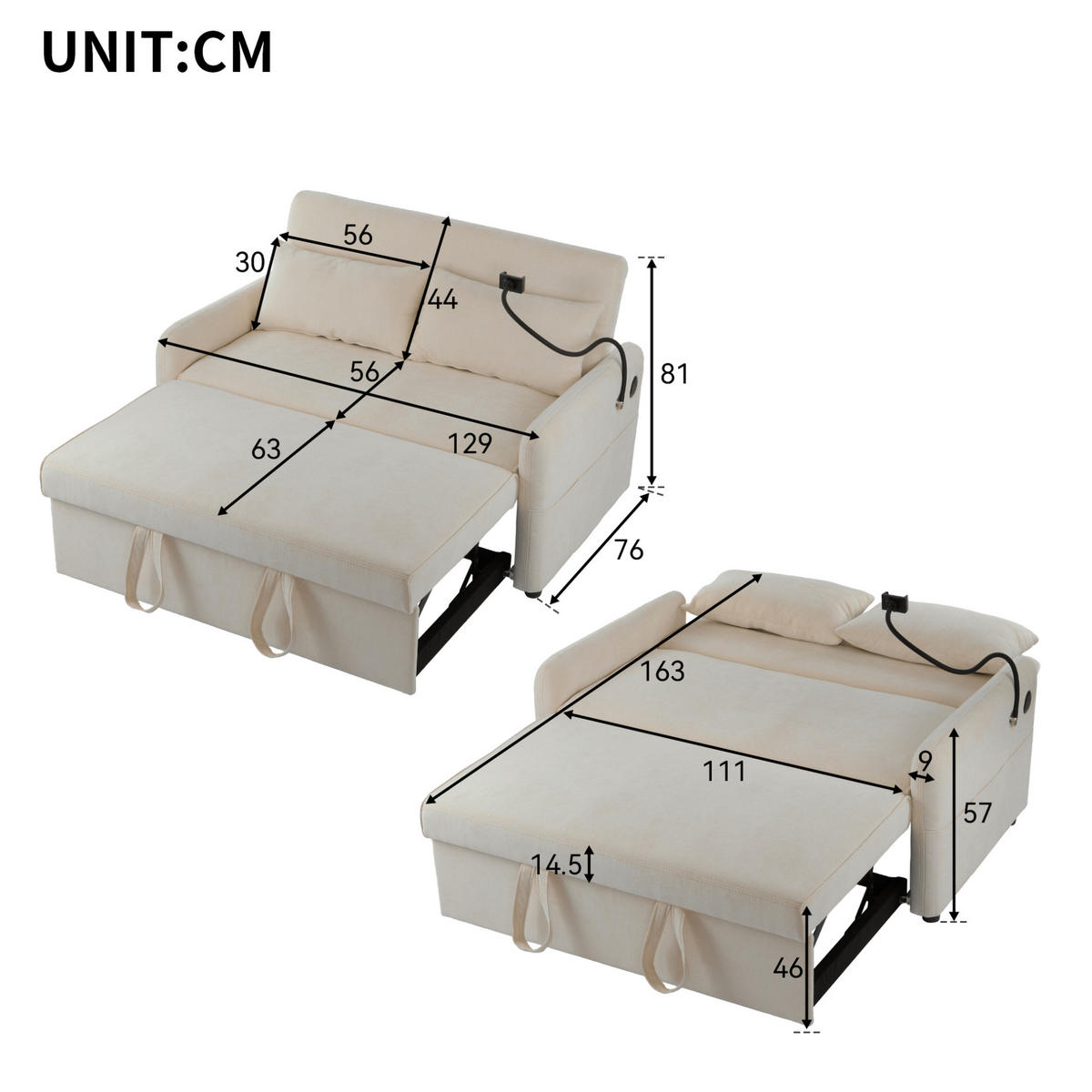 SCHLAFSOFA Doppel Klappbares mit verstellbarer Rückenlehne und USB-Anschluss Chenille Beige 129/163/81 cm - Beige, Textil (129/81/76cm) - OKWISH