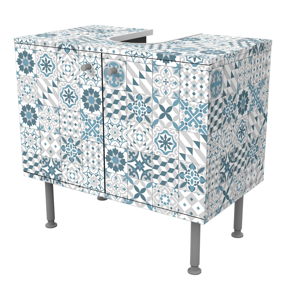 WASCHBECKENUNTERSCHRANK Geometrischer Fliesenmix Blaugrau 60/55/35 cm - Blau, Holzwerkstoff (60/55/35cm) - Bilderwelten