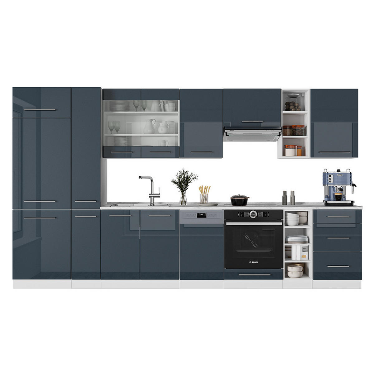 KÜCHENZEILE Fame-Line Dunkelblau Hochglanz 355 cm ohne AP - Dunkelblau/Weiß, Holzwerkstoff (355/81.6/46cm) - Vicco