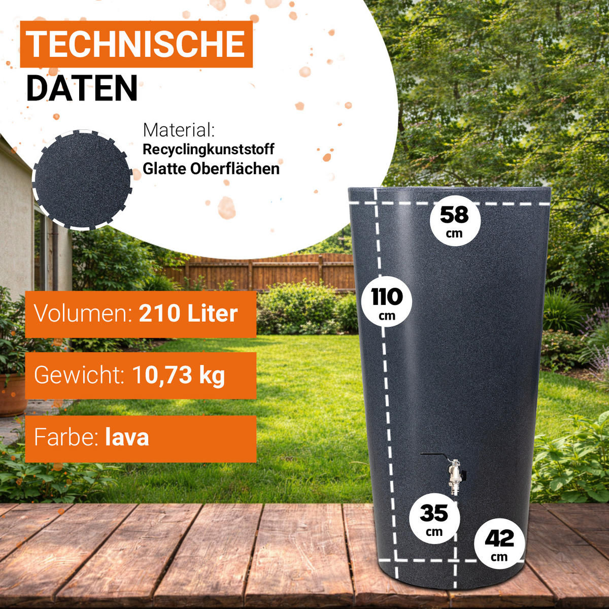 2IN1 Regentonne Komplett-Set 210 L, lava inkl. Chrom-Doppelauslaufhahn und Fallrohranschluss - Grau, Kunststoff (58/110/60cm) - GARANTIA