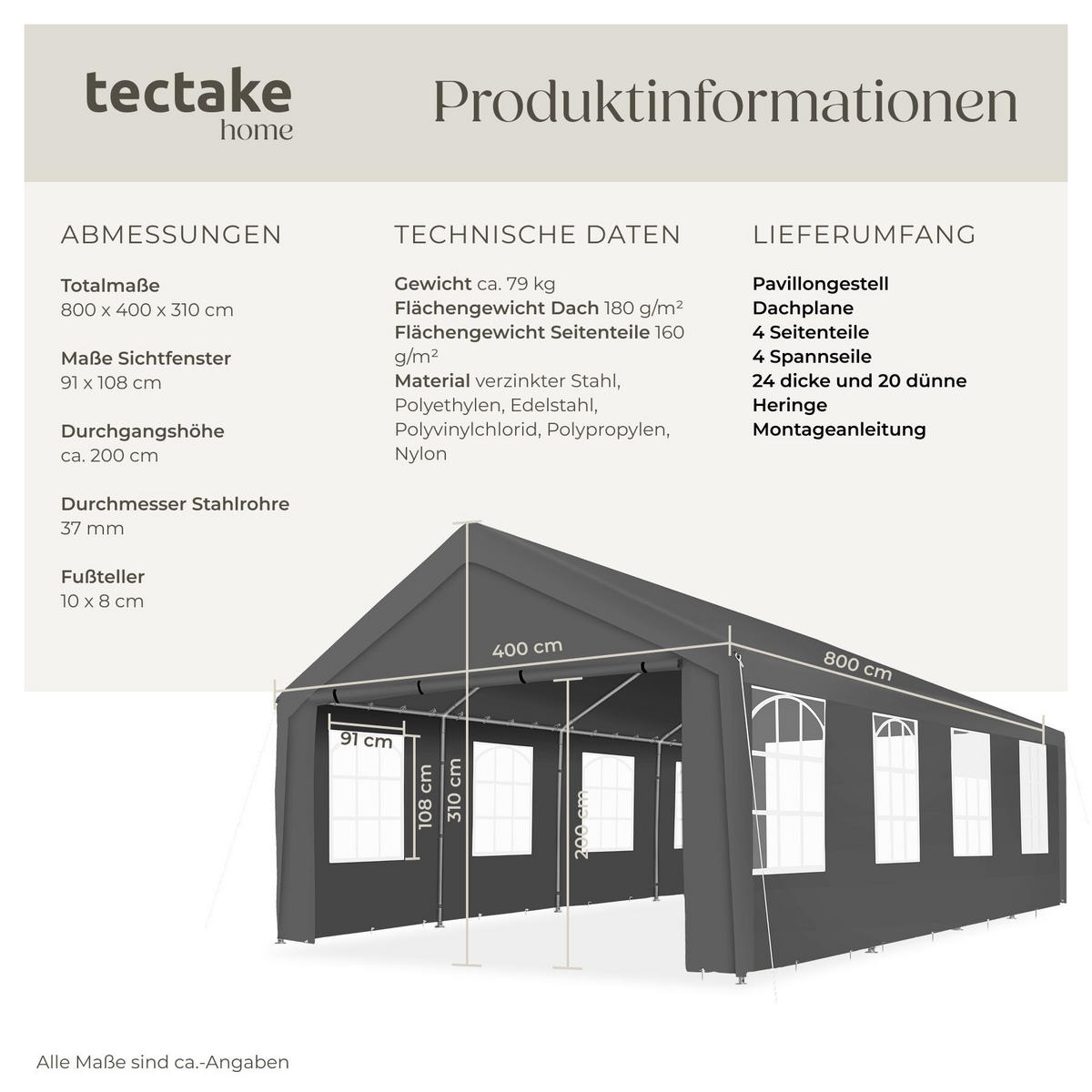 PARTYZELT Mammut, inklusive Spannseilen und Heringen, grau - Grau, Kunststoff (400/310/800cm) - tectake