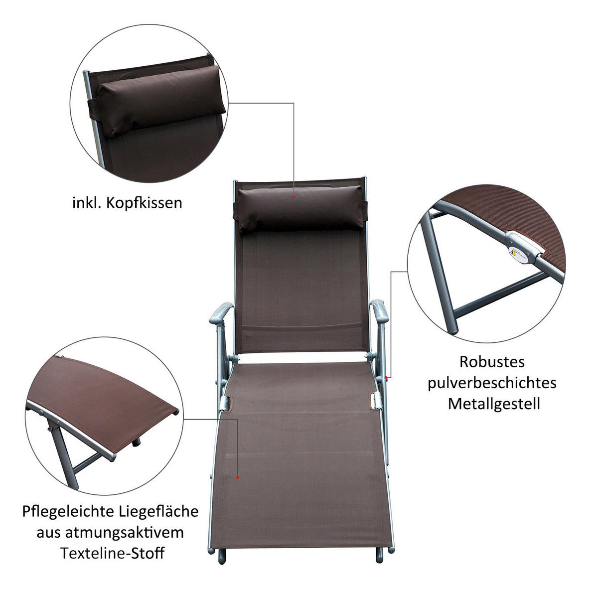 SONNENLIEGE aus Metall 137x63,5x100,5 cm in Braun mit 5-fach verstellbarer Rückenlehne - Braun, Metall (63.5/100.5/137cm) - Modfu