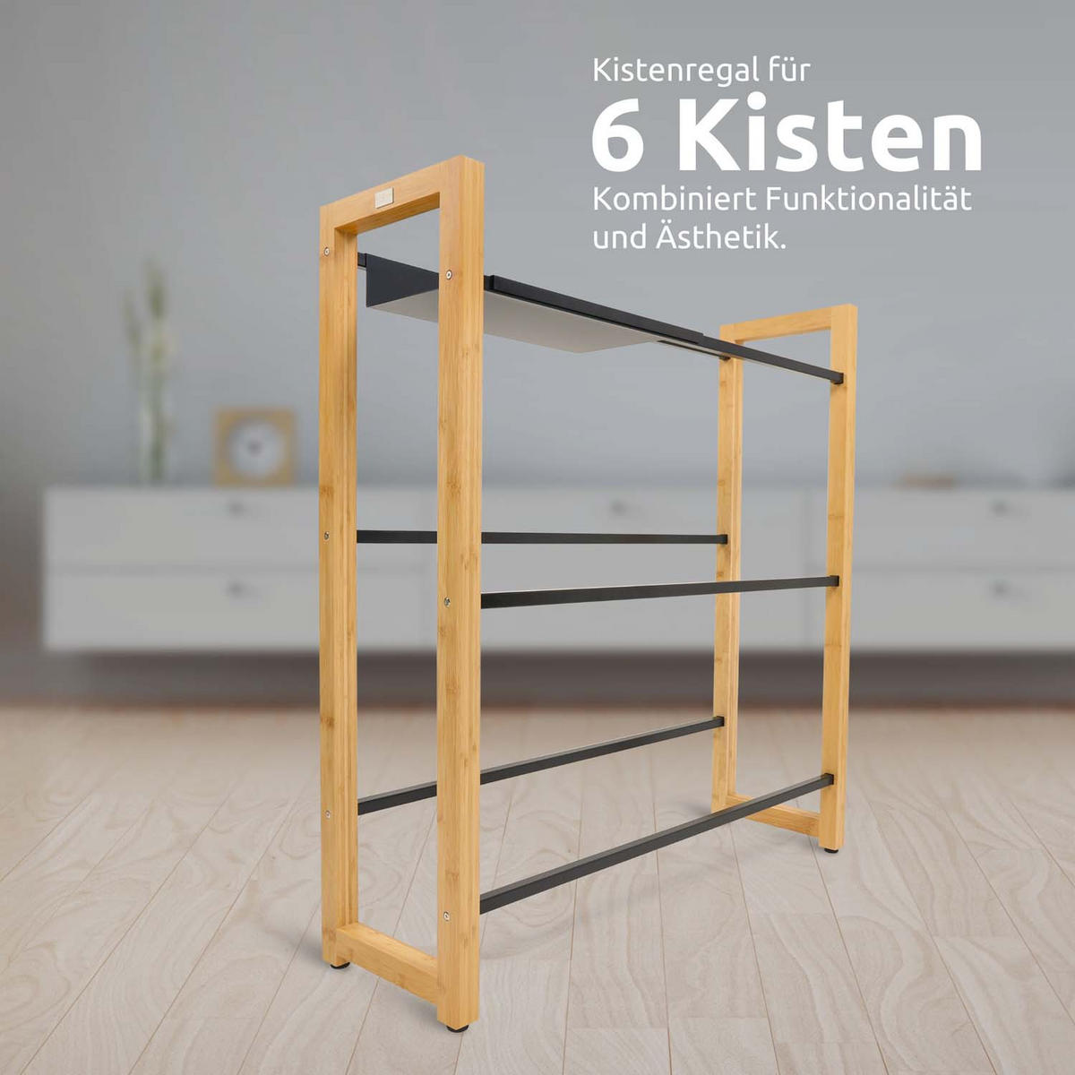 GETRÄNKEKISTENREGAL inkl. Ablage - Bambus / Schwarz - 6 Kisten - Naturfarben, Holz (106/112/32cm) - holz4home