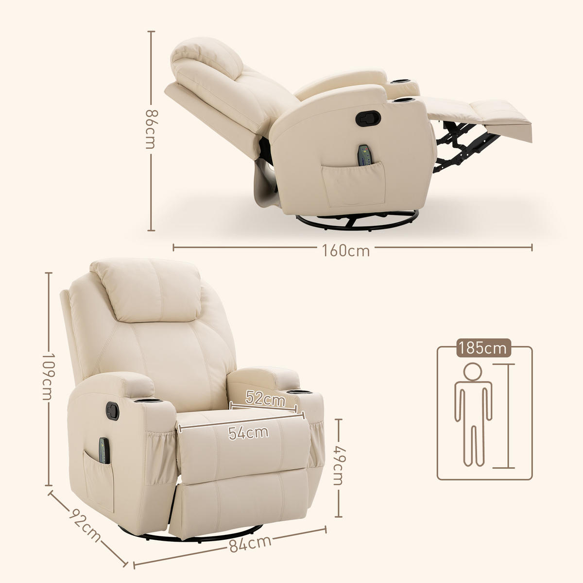 MASSAGESESSEL Fernsehsessel Elektrisch Relaxsessel 5 Massage-Modi Cremeweiß - Creme/Schwarz, Leder/Metall (92/109/84cm) - HOMCOM