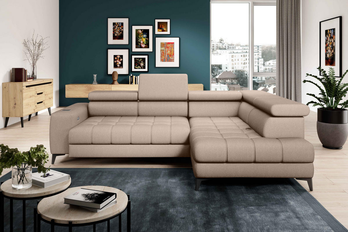 ECKSOFA BAGGIO Letto Stoff, Schlaffunktion, Bettkasten, Sitztiefe, Kopfstützen 280x196cm – Rechts – Beige - Beige, Holz/Textil (280/196cm) - DomoHome