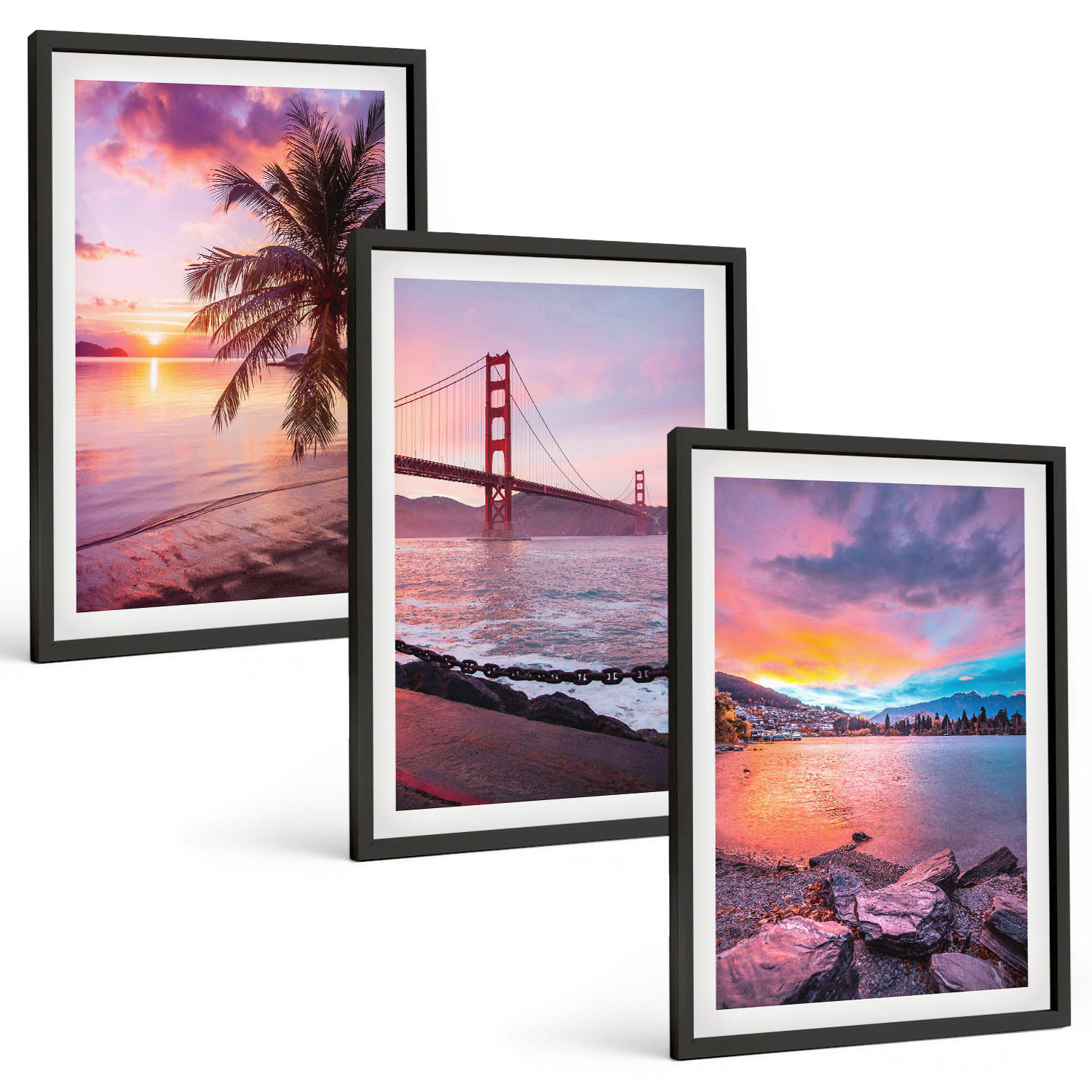 BILDER SET 3er Set - 40x60 cm Schwarzer Rahmen - Sonnenuntergangsbrücke Landschaft - Schwarz, Kunststoff (40/60cm) - TULUP