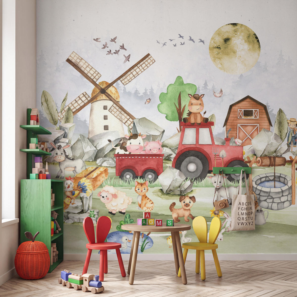 KINDERTAPETE - Bauernhof - Traktor - Kinder - Tiere - 300x300 cm - Weiß, Papier (300/300cm) - OnlyWow