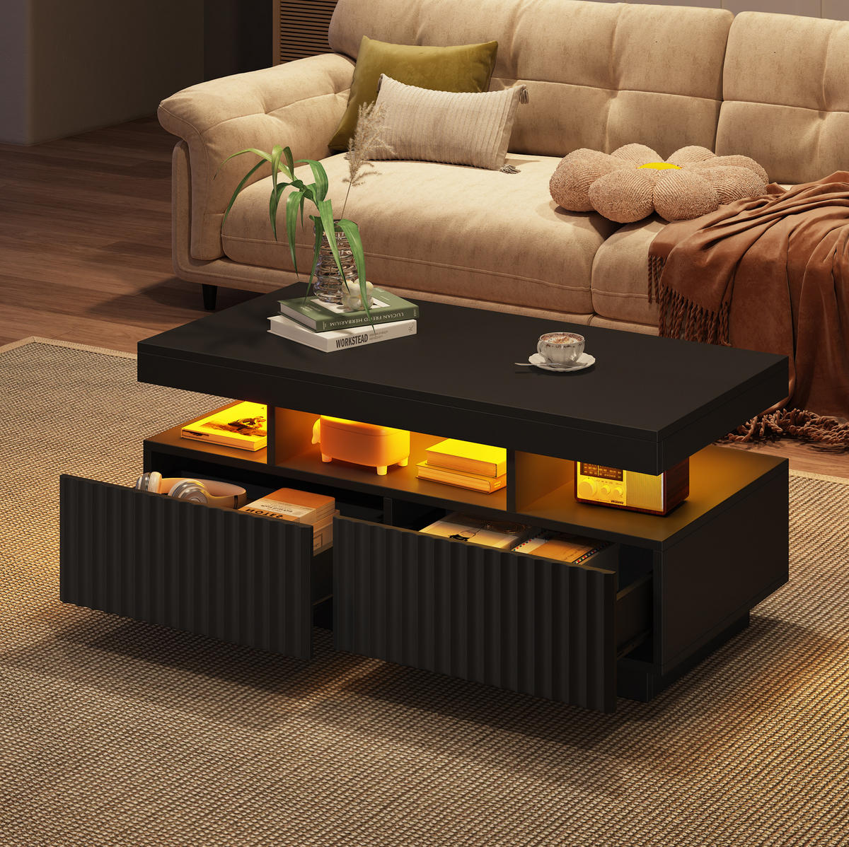 COUCHTISCH 100/50/45 cm in Schwarz mit 2 Schubladen und LED-Beleuchtung - Schwarz, Holzwerkstoff (100/50/45cm) - Flora Grace