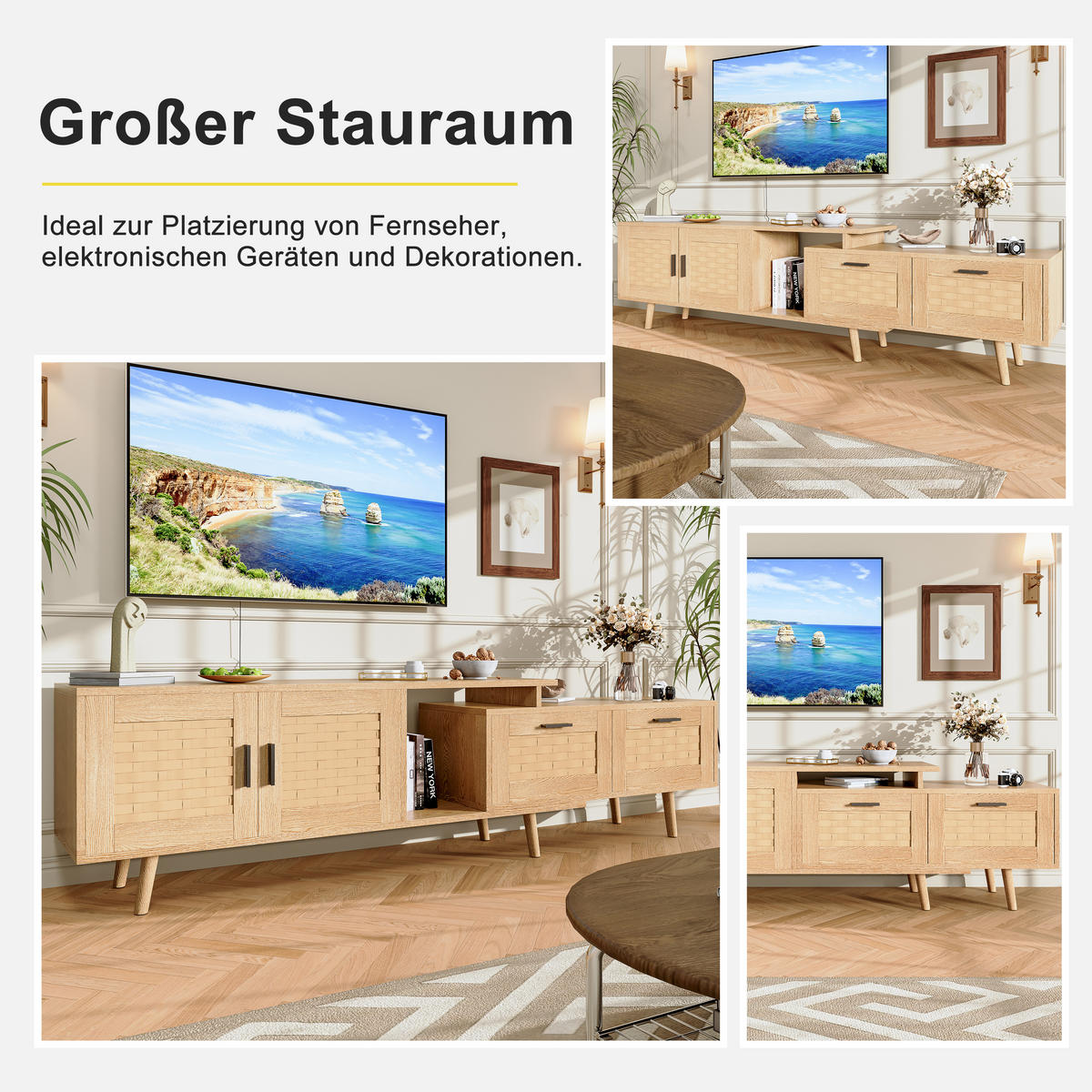 TV-LOWBOARD ausziehbar 146–180 cm, Eiche-Optik mit Rattan-Fronten & Stauraum - Braun, Holzwerkstoff (29.8/44/169cm) - SHOPENTRA