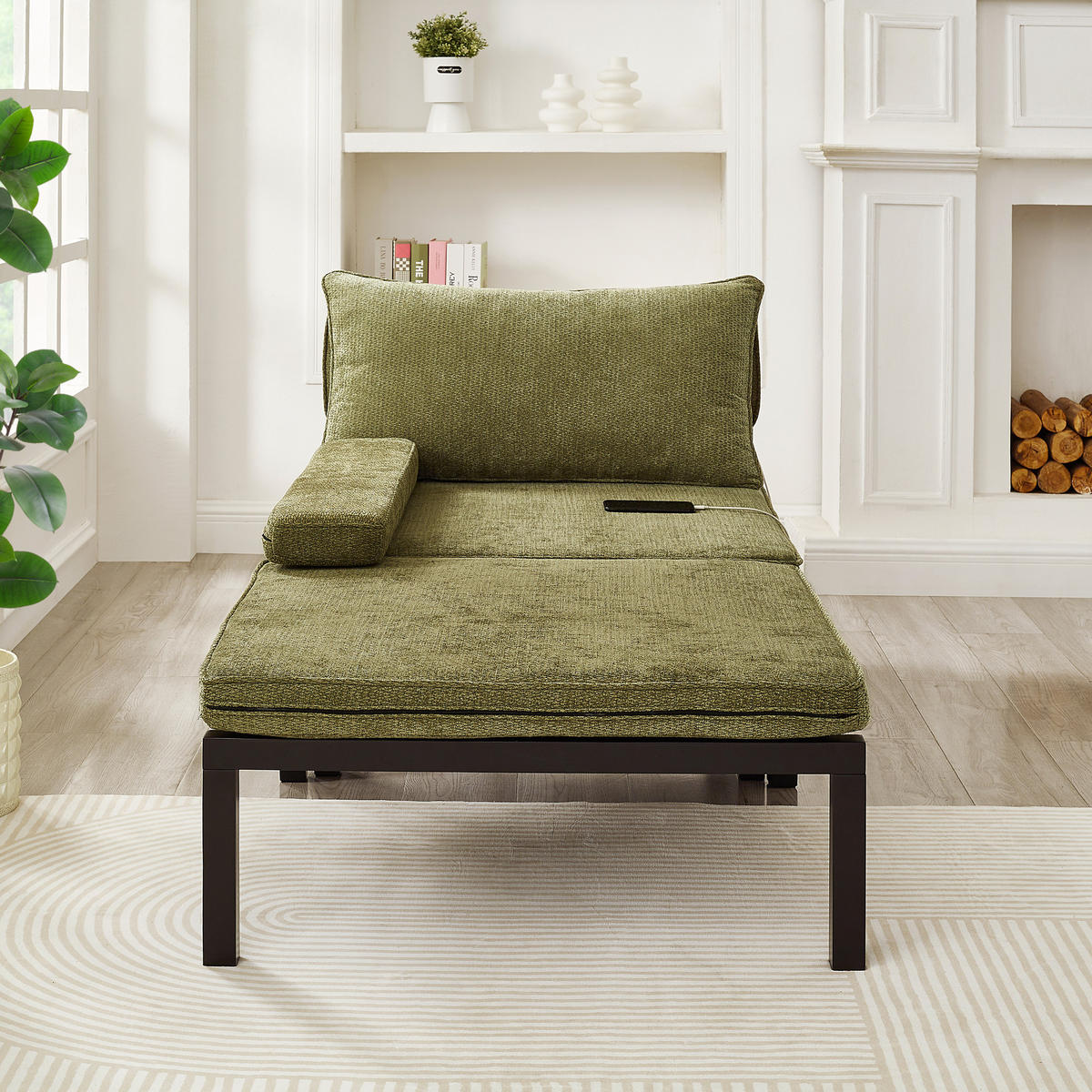 SCHLAFSESSEL mit Schlaffunktion, USB-Type-C-Anschluss und platzsparendem Ausziehdesign, Grün - Grün, Textil (82/79/176cm) - Redom
