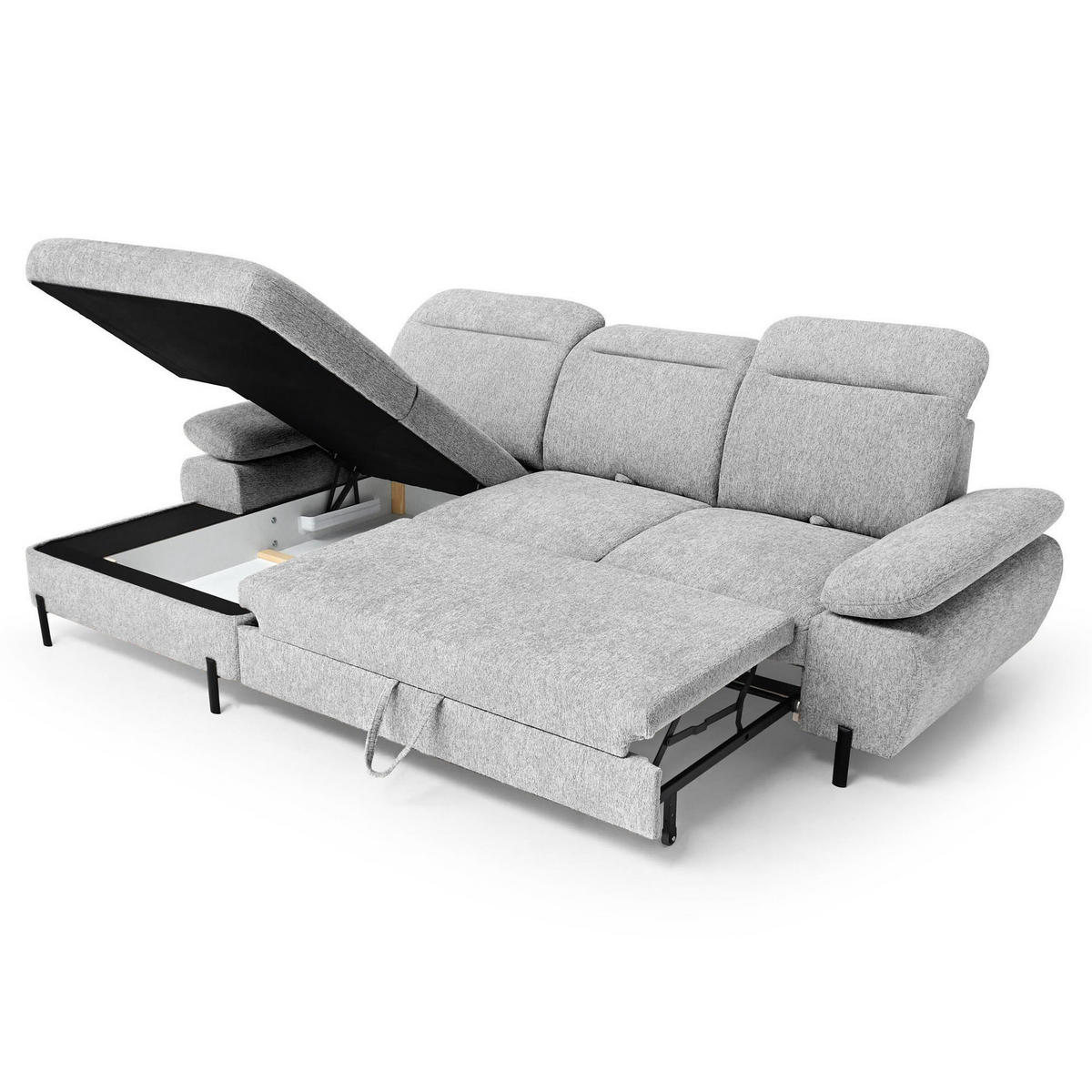 ECKSCHLAFSOFA Sora Mini mit verstellbaren Kopfstützen und Schlaffunktion, Chenille-Stoff, Hellgrau, Links - Hellgrau/Schwarz, Textil (285/190cm) - Beautysofa