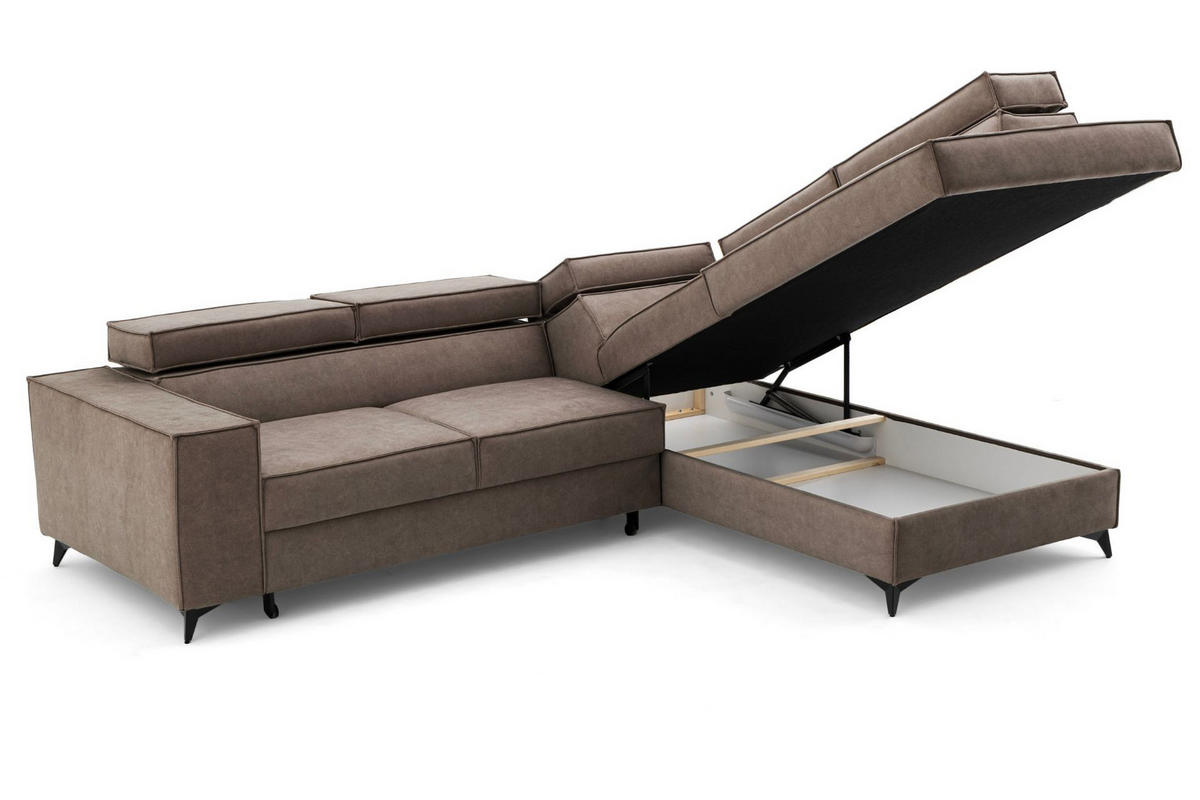 ECKSOFA PURE L Rechts mit Schlaffunktion 127x199 Velours Beige - Beige/Schwarz, Holz/Textil (204/281cm) - Muffo
