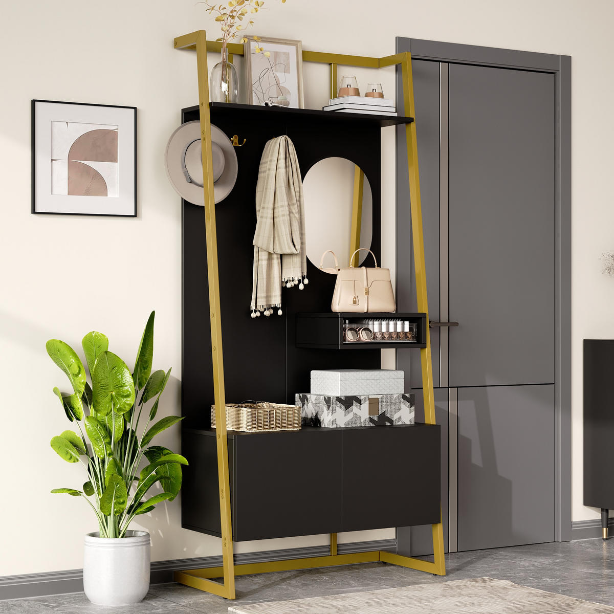 GARDEROBE Kompakt Spiegel Schuhbank Metallhaken - Schwarz, Holzwerkstoff (38.5/180.5/78cm) - FLIEKS