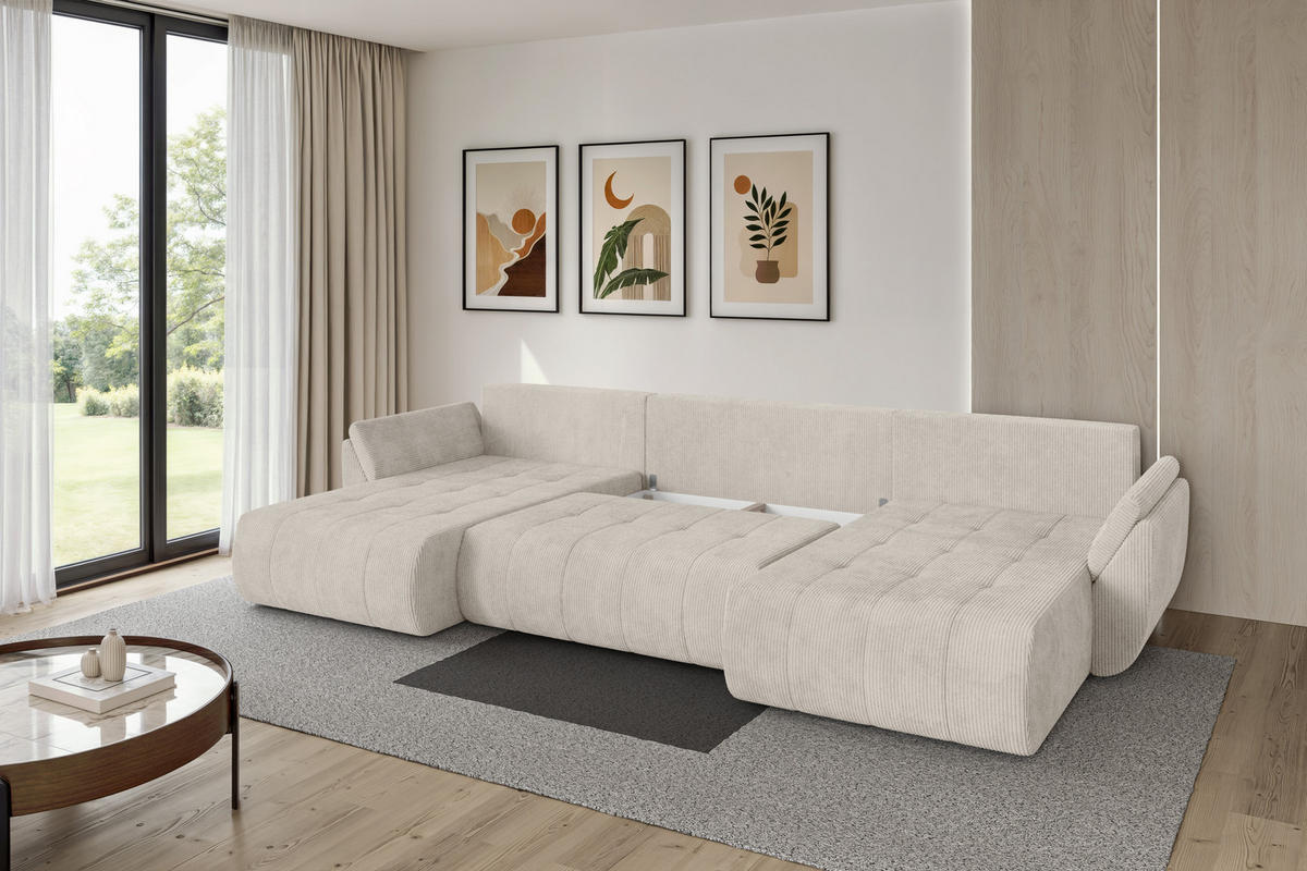 SEDACÍ SOUPRAVA DO U s funkcí spaní a úložným prostorem TOKO-U 378x194x86 krémová manšestr - černá/krémová, kompozitní dřevo/textil (378/86/194cm) - ALTDECOR