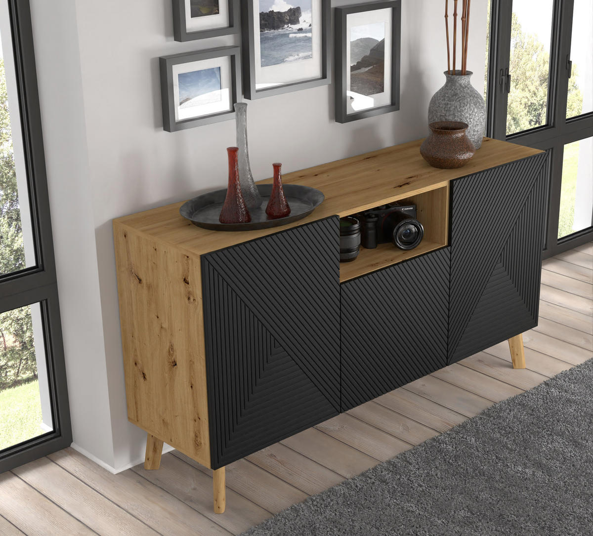 KOMMODE Artisan Eiche, Schwarz 146/80/42 - Schwarz, Holzwerkstoff (146/80/42cm) - RAUMHIRSCH FURNITURE